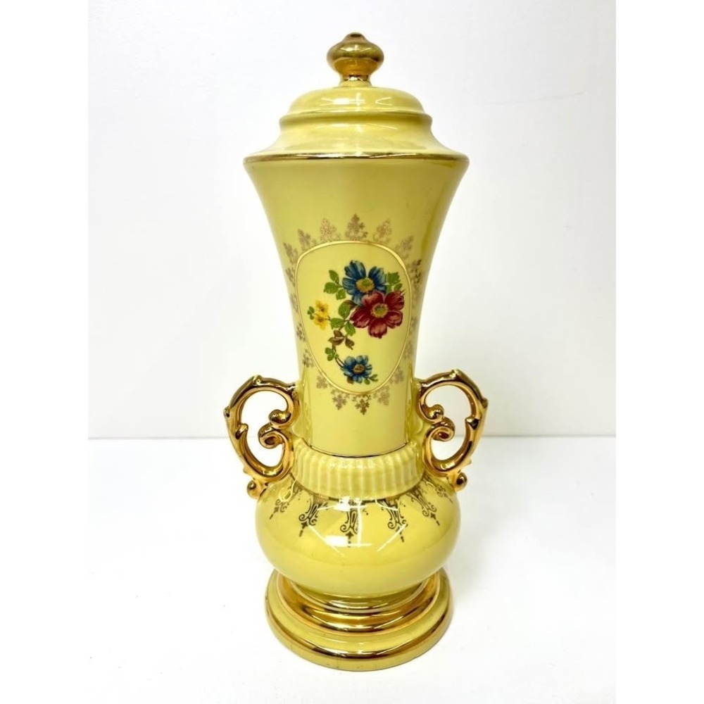 Vintage Floral Yellow Porcelain Decor Art with Gold Handles